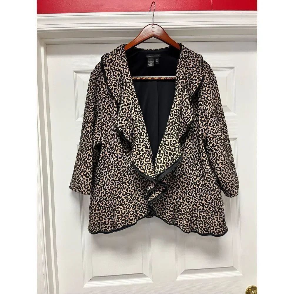 Preswick & Moore Leopard Ruffle Mob Wife Couture Peplum Jersey Jacket sz 3X EUC